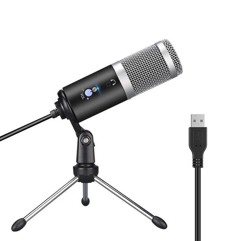 Silver grey computer microphone, 150mm tall and 40mm wide, with 68dB signal-to-noise ratio and omnidirectional pickup