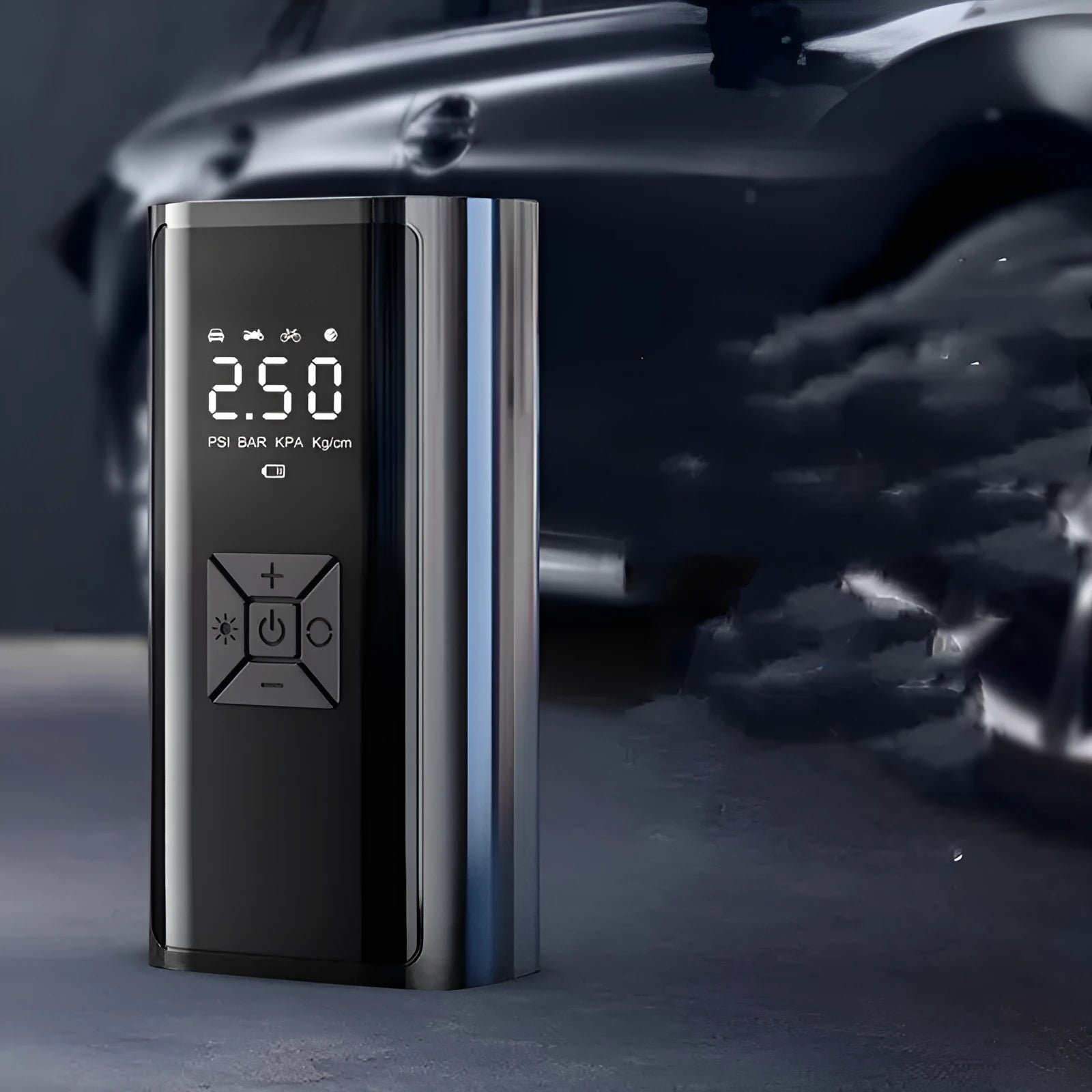 Portable wireless car tyre pump with digital display, LED light, and USB port on black ABS housing.