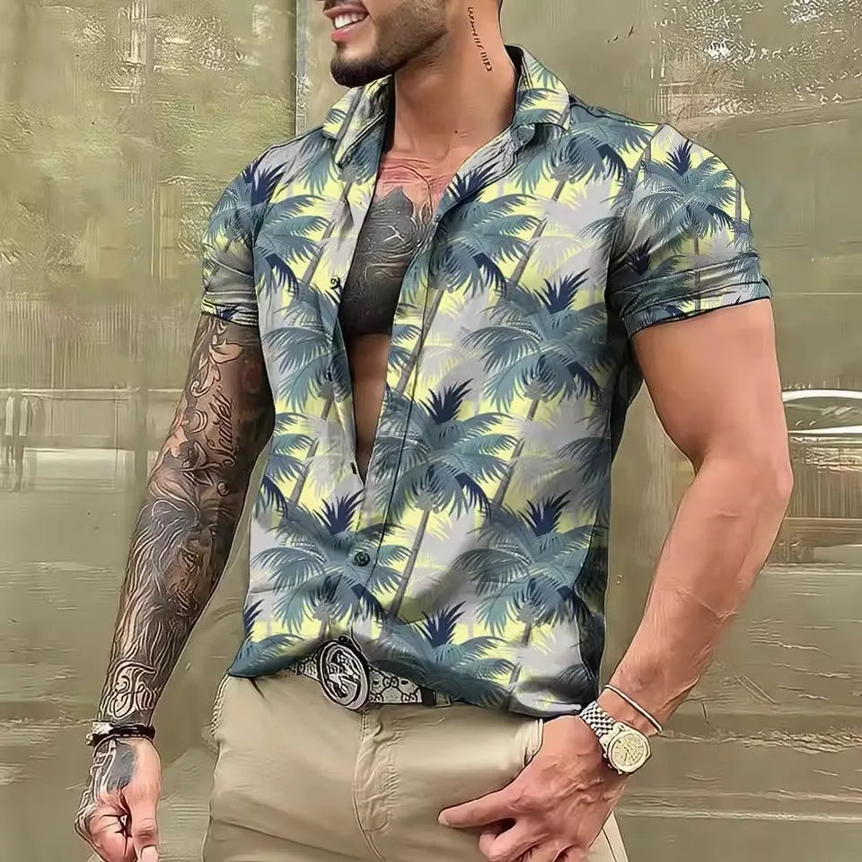 Men's floral printed beach shirt in loose cardigan style with short sleeves