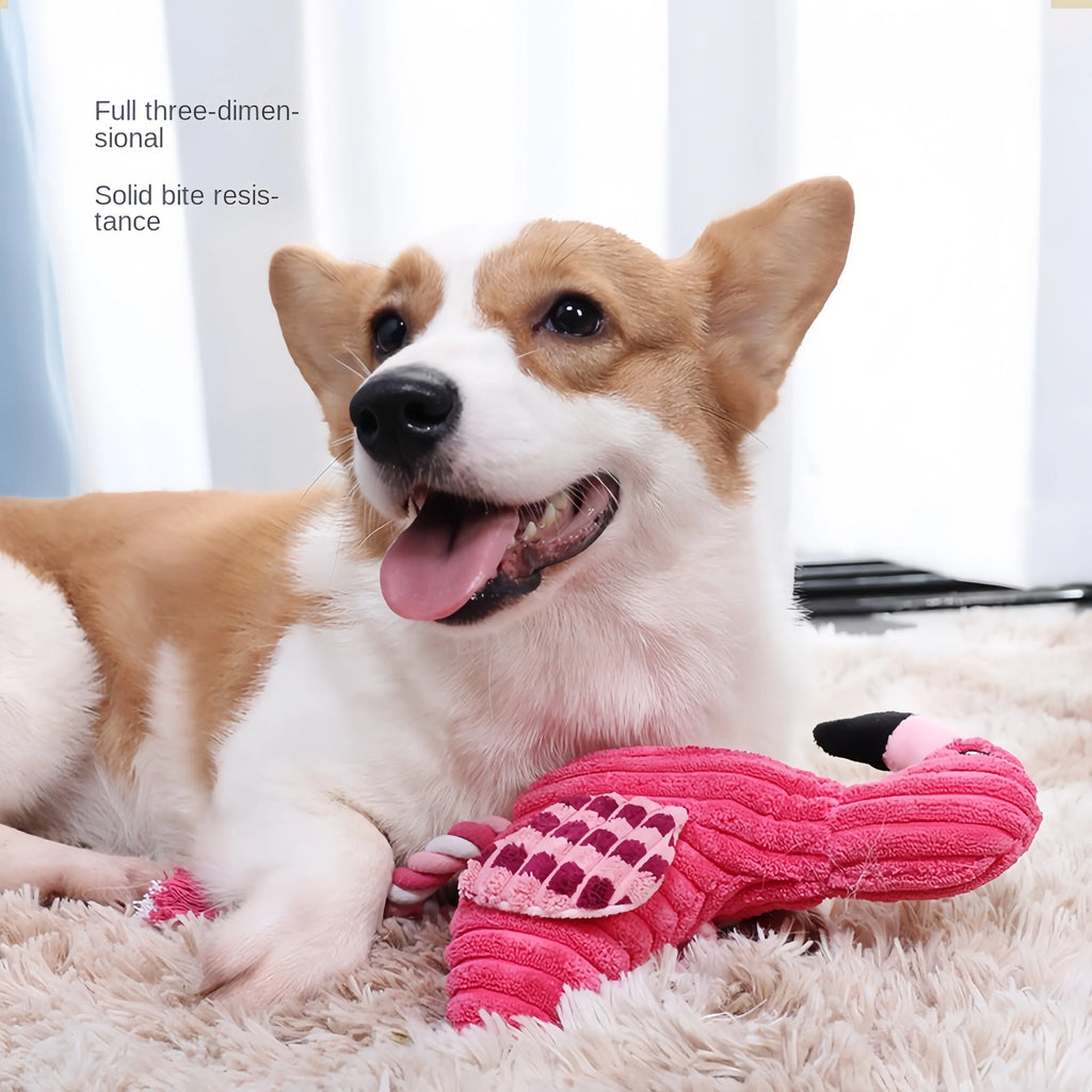 Pink animal-shaped corduroy plush dog toy with a squeaker for small and large dogs.