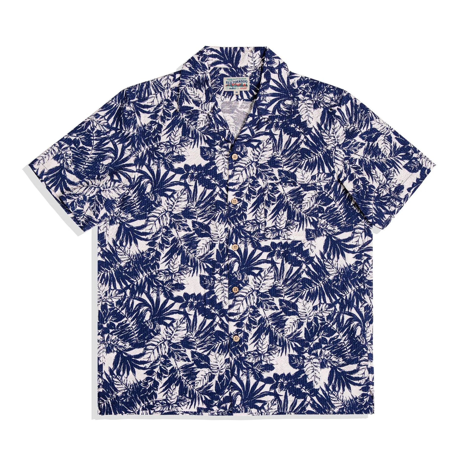 Vintage floral print seersucker shirt with a Cuban collar on a mannequin, shown in blue and green.