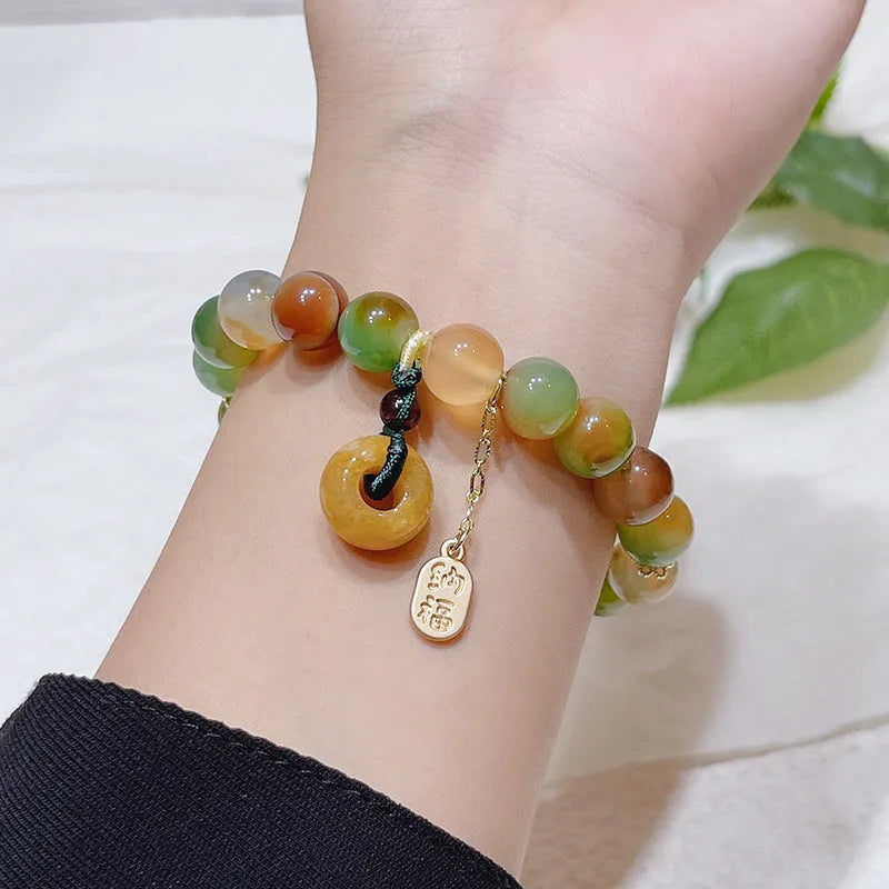 Yellow peacock agate and old mine topaz bracelet with peace buckle alloy setting 1 cm width women's national style