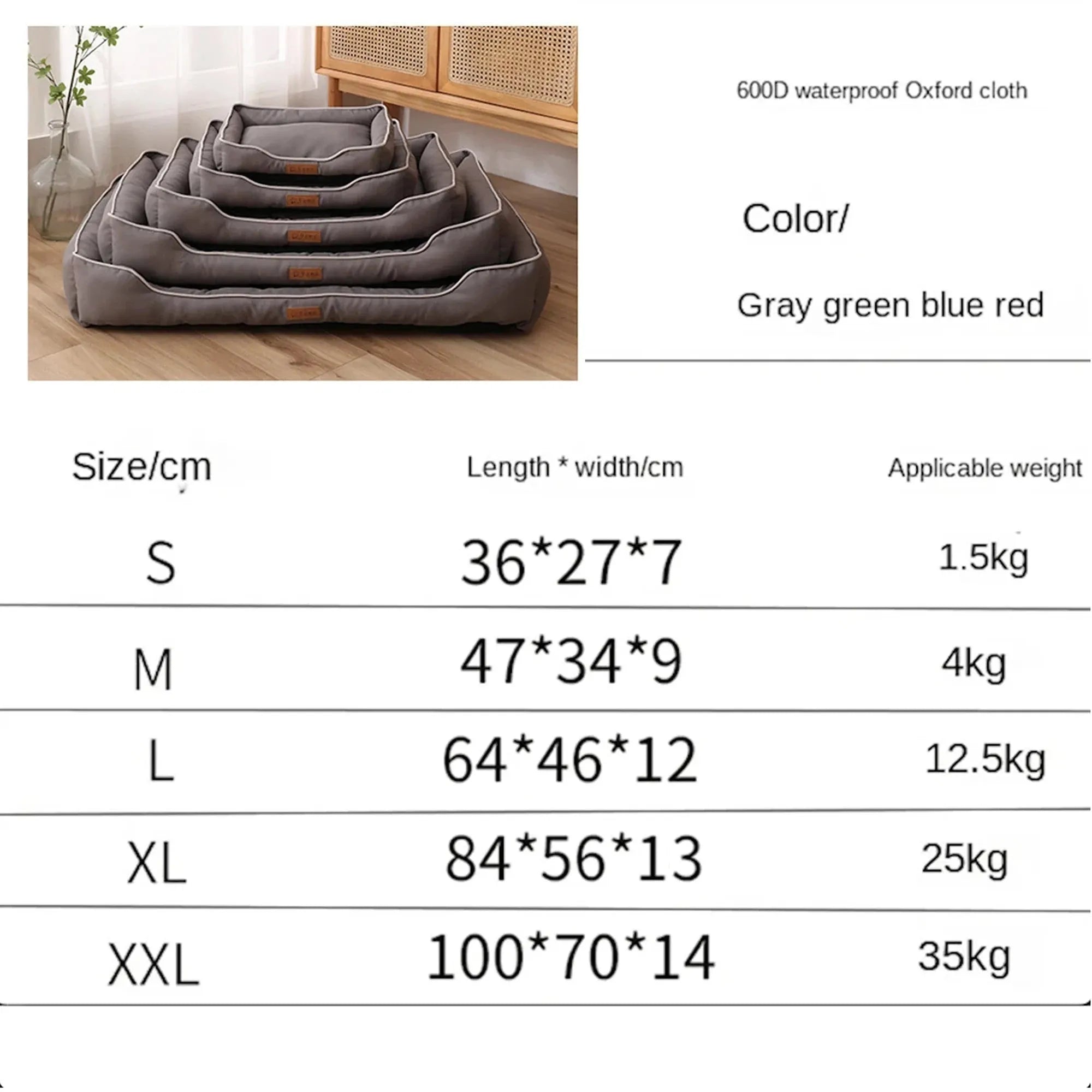 Grey waterproof dog sofa bed with raised edges on wooden floor
