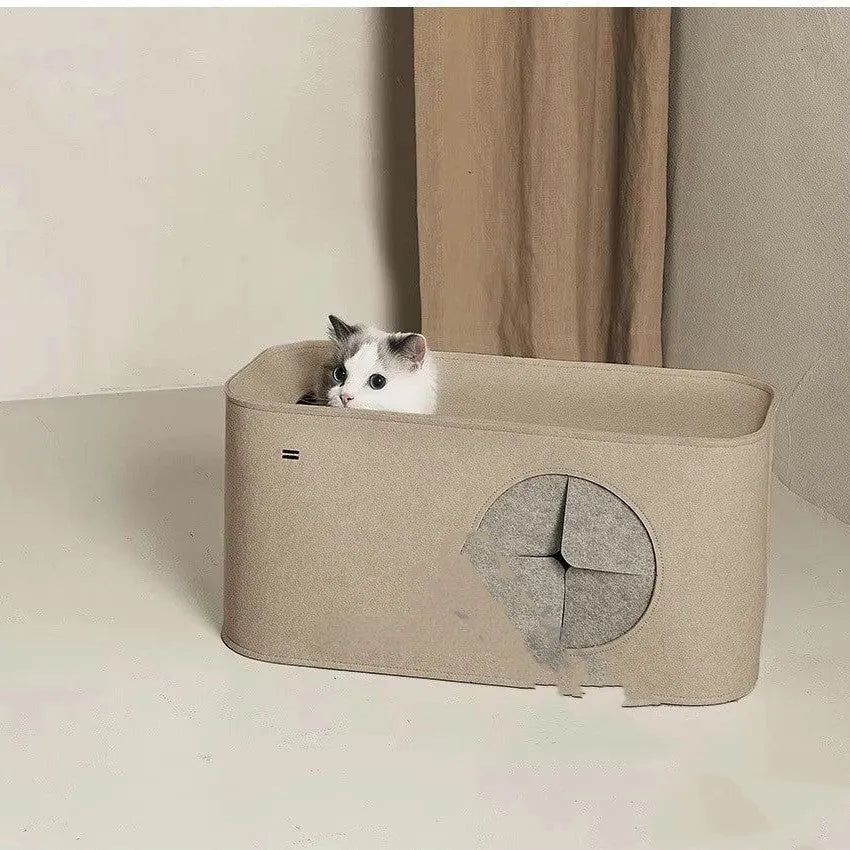 Foldable khaki felt cat nest shown unfolded, suitable as a pet bed or cage liner.