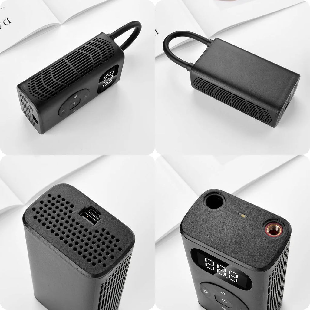Black aviation aluminium portable air compressor and power bank for car and motorcycle tyres.