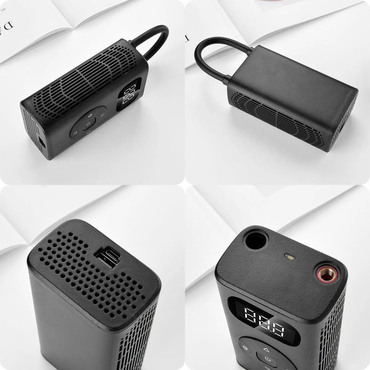Black aviation aluminium portable air compressor and power bank for car and motorcycle tyres.