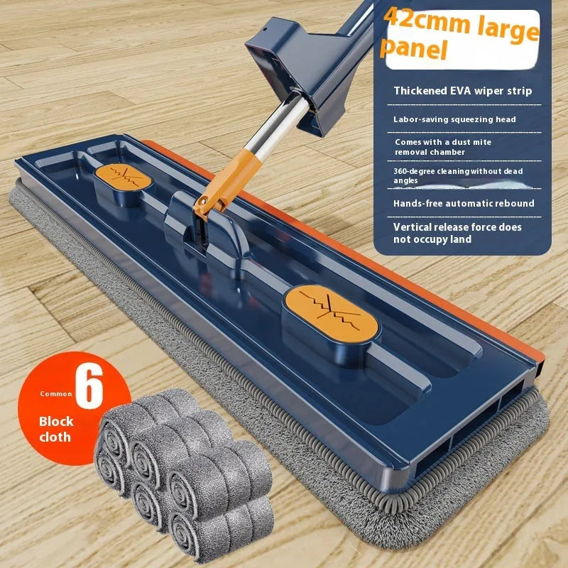 Large flat mop with 360 degree rotating head and stainless steel handle for home floor cleaning