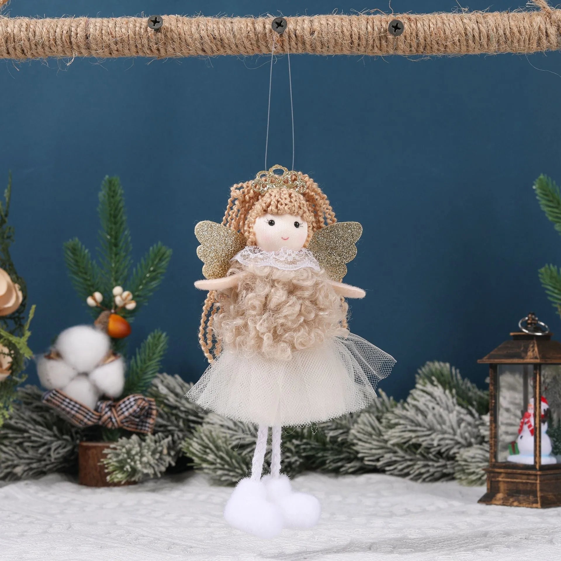 Cartoon-style cloth Christmas angel pendant hair ornament for girls on a high ponytail.