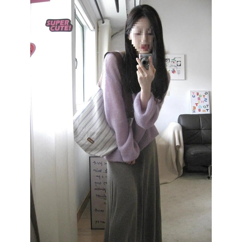 Purple ice silk women's blouse with round neck, princess sleeves, and a hollow-out design