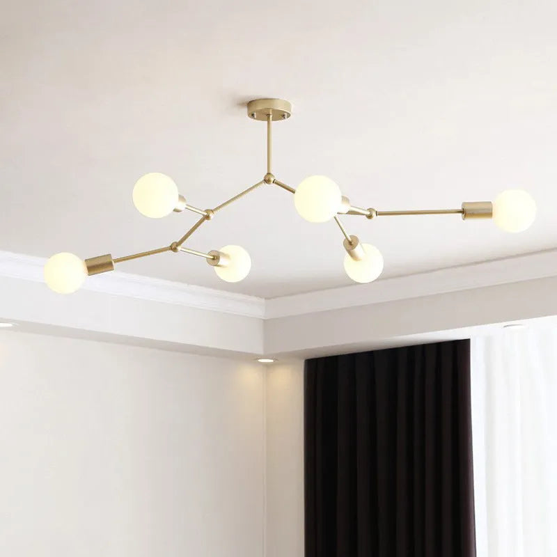 Nordic-style black iron ceiling chandelier with six extended arms against a white background