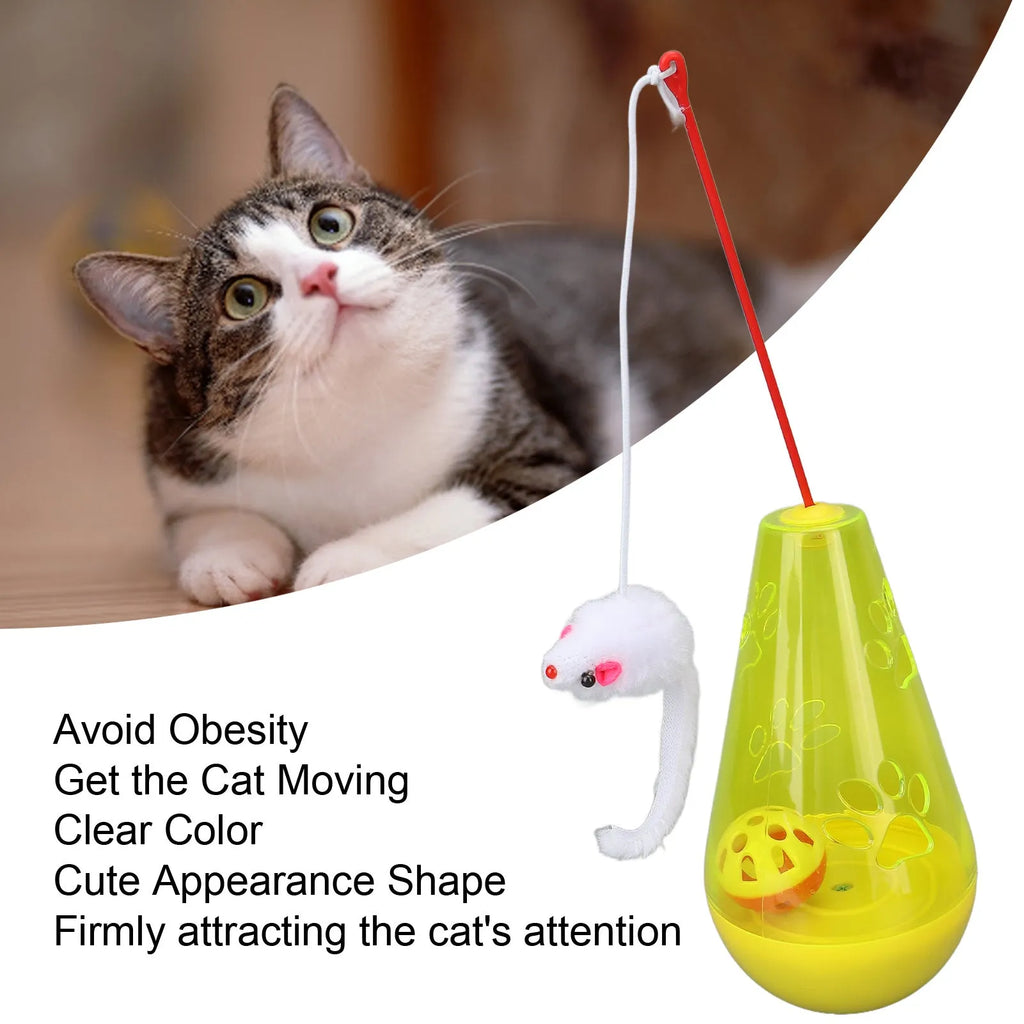 Blue and yellow cat toy with bell ball, slow feeder, and plush mouse stick for indoor cats