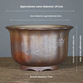 Indoor antique carved ceramic flowerpot in purple sand with a wood-burning finish, shown in large size.