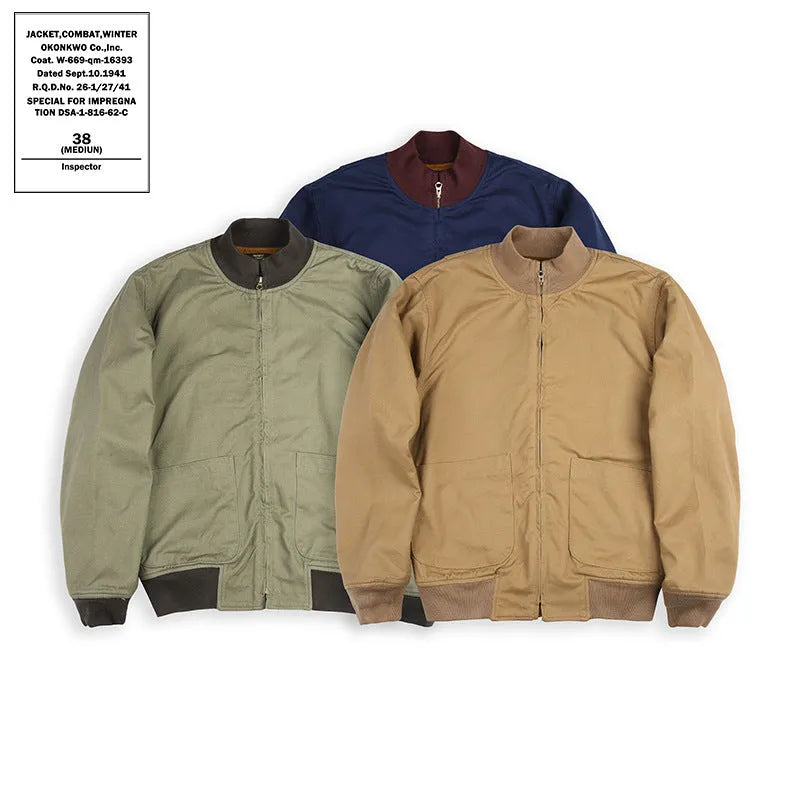 Solid colour men's cotton tank jacket coat with stand collar and size stick pocket in 1602 army green