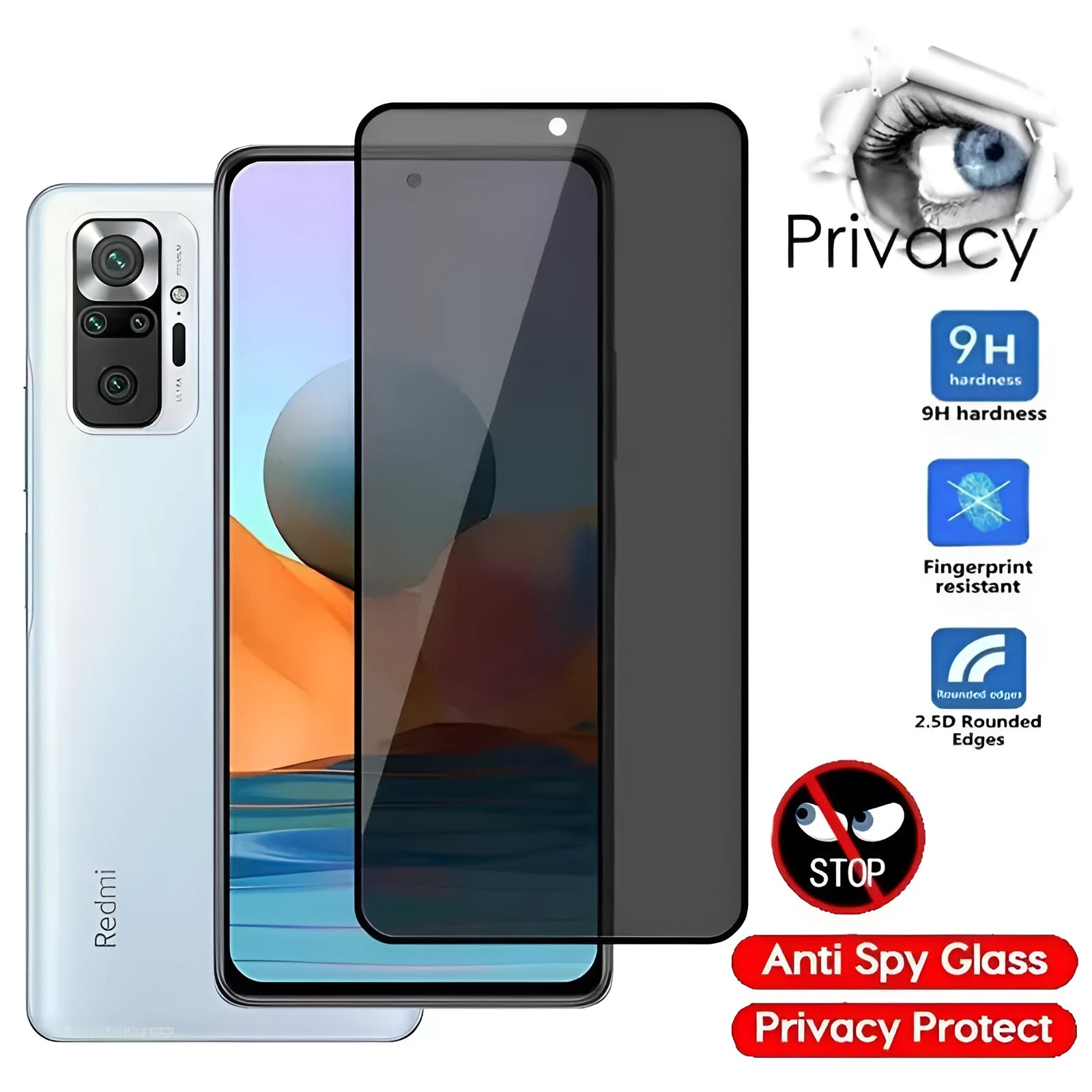 Xiaomi Poco and Redmi Note phone anti-spy privacy screen protector with 9H hardness.