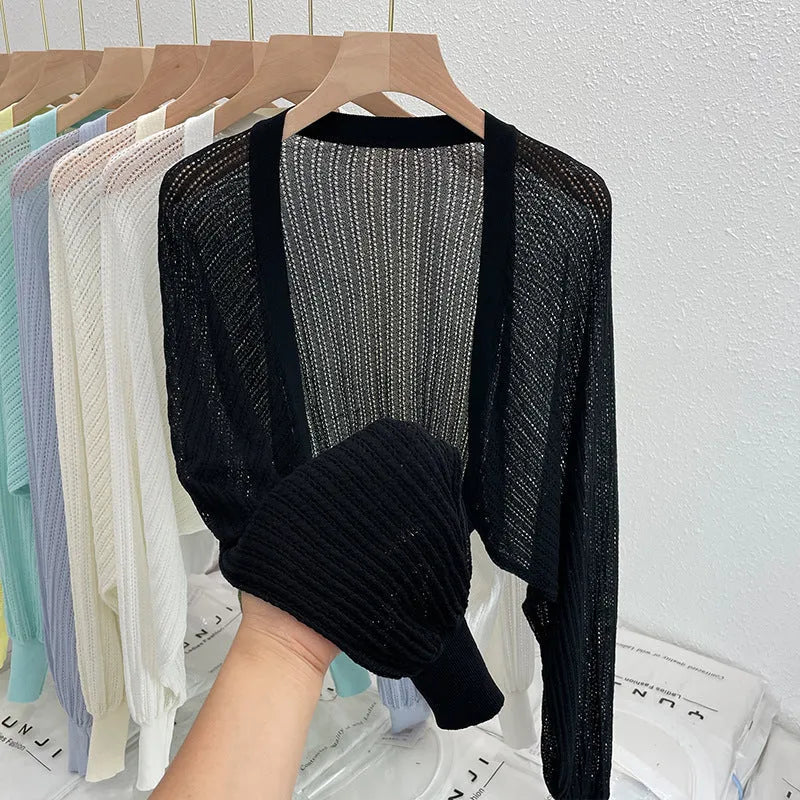 Women's hollow out lantern sleeve blouse in polyester linen fabric for sun protection