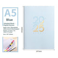 A5 2025 daily planner book with soft faux leather cover in blue colour, showing binding and open pages.