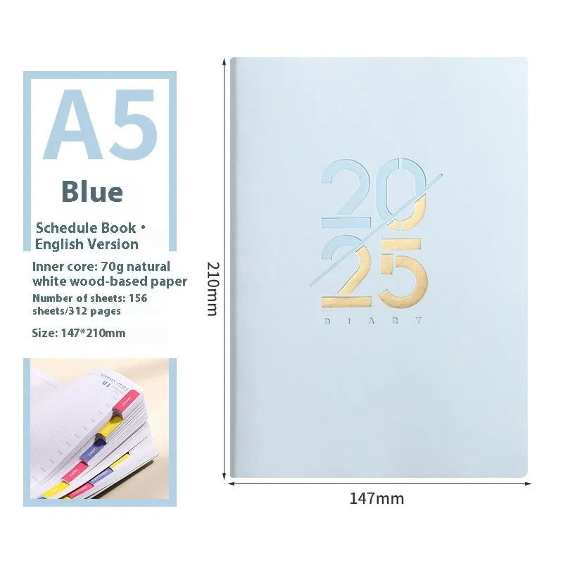 A5 2025 daily planner book with soft faux leather cover in blue colour, showing binding and open pages.