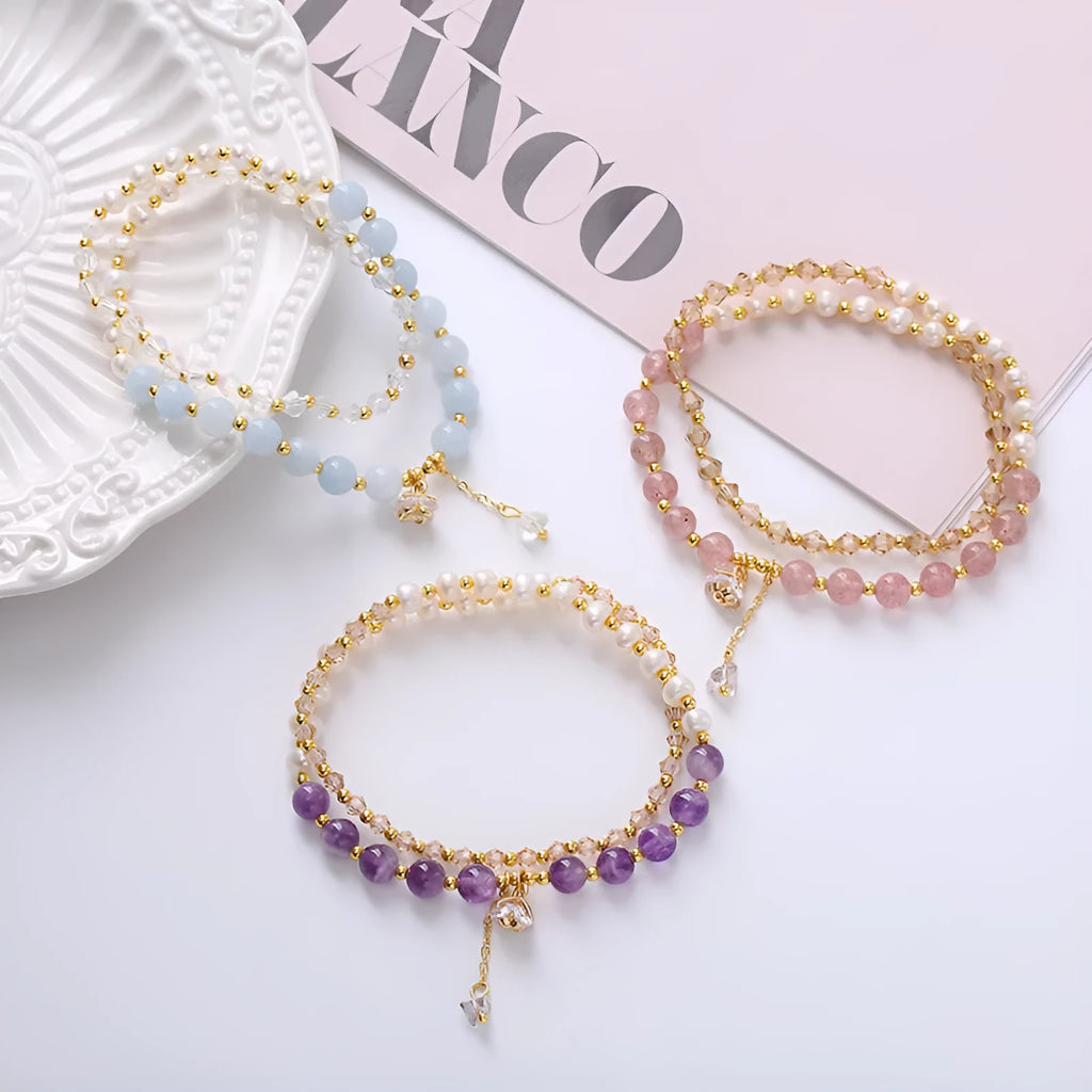 Natural freshwater pearl and crystal double ring bracelet in amethyst, aquamarine, or strawberry quartz colours