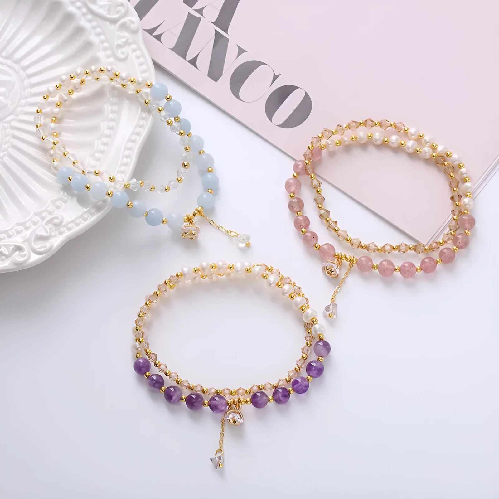 Natural freshwater pearl and crystal double ring bracelet in amethyst, aquamarine, or strawberry quartz colours