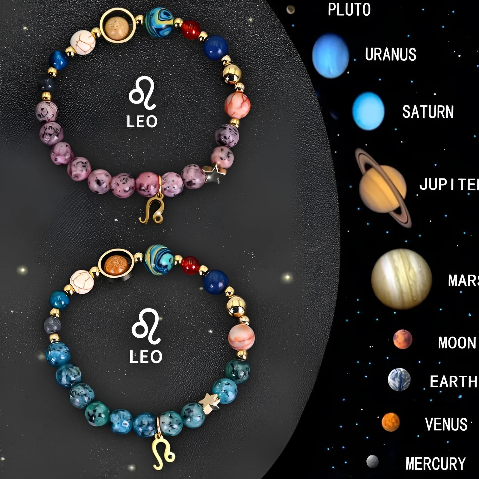 Two natural stone beaded bracelets with Chinese zodiac charm beads on a white background.