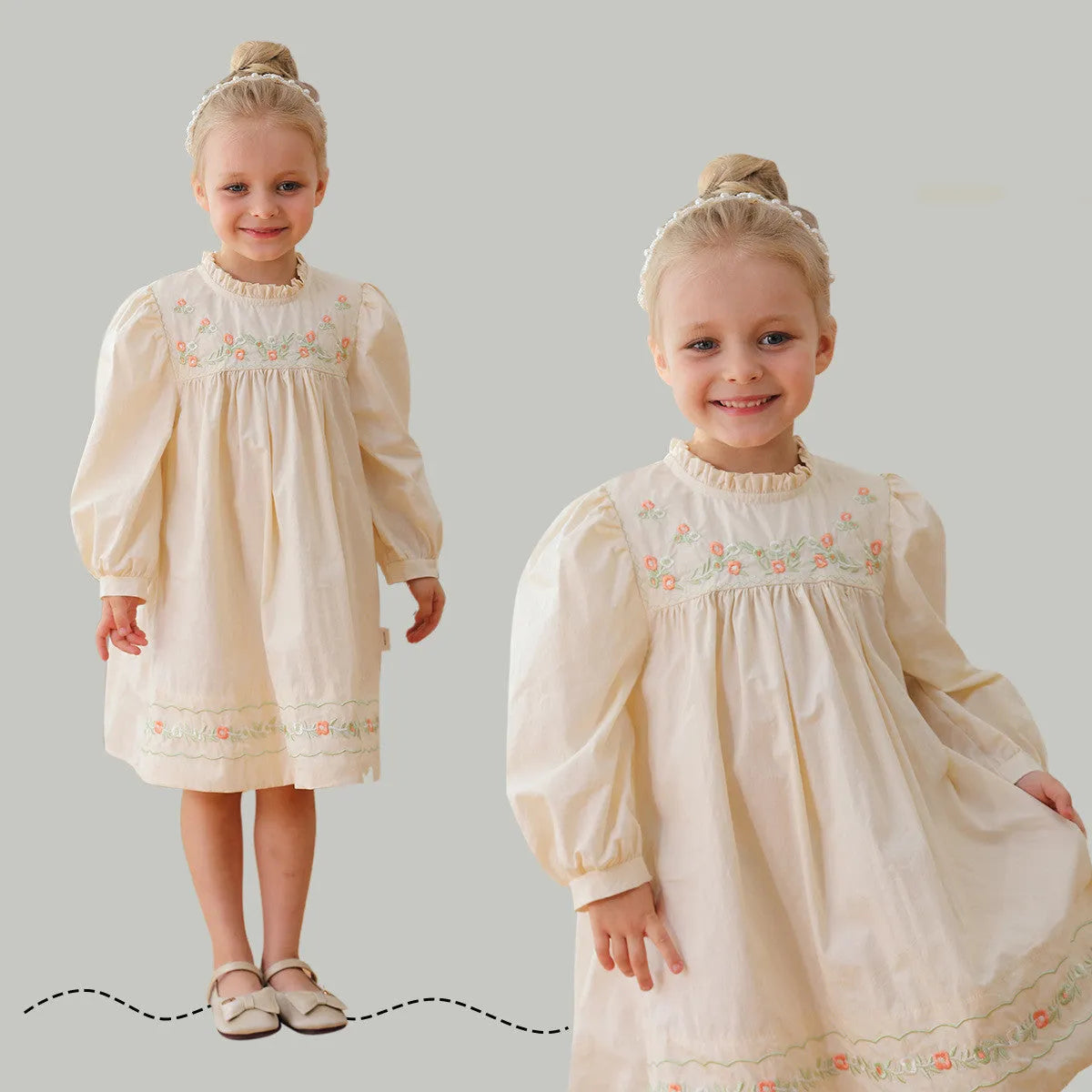 Girls apricot dress with flower embroidery, puff sleeves, and cotton lining, available in heights 90cm to 140cm