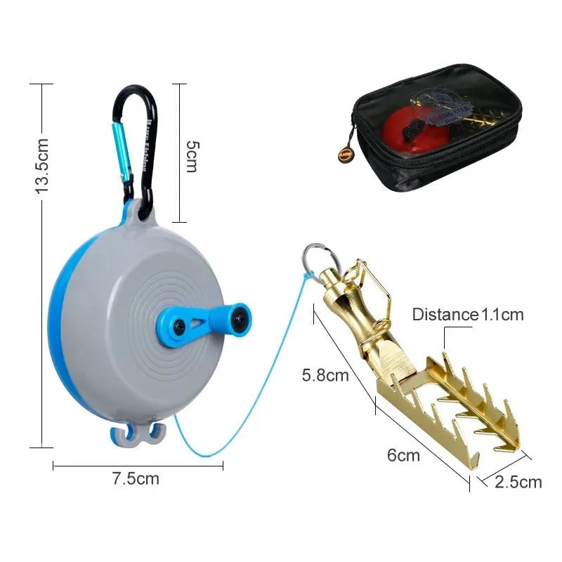 Fishing bait lifter with 7.5cm wheel, 30m PE braided line and stainless steel components in blue grey