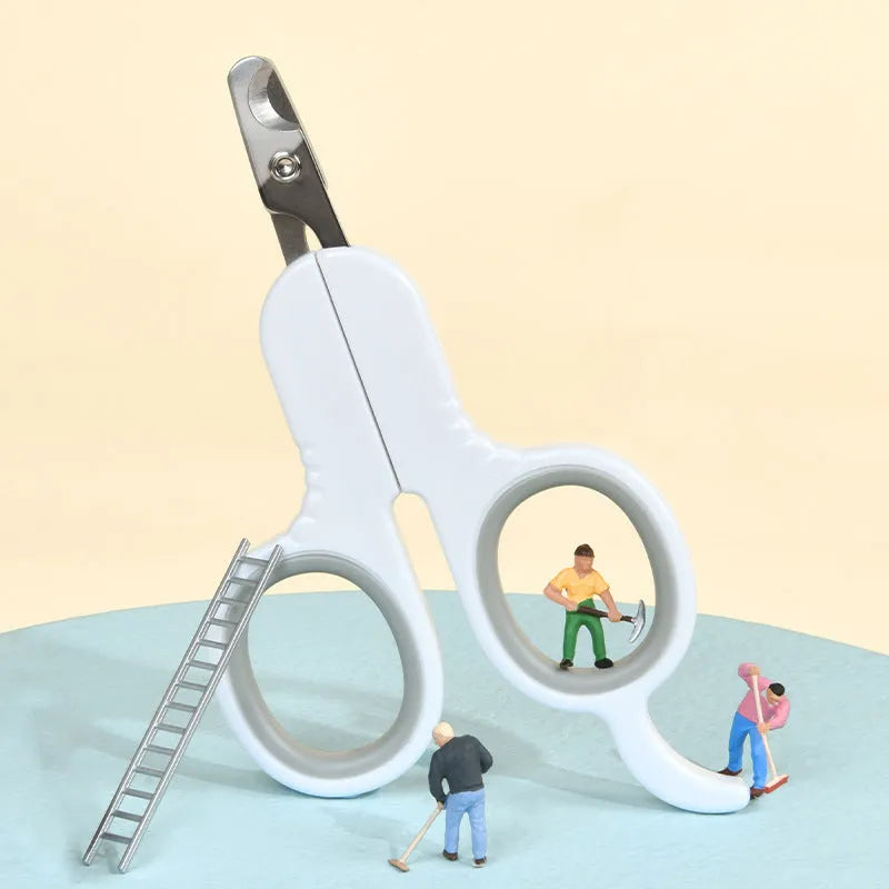 Professional grey and pink pet nail clippers with curved safety tips and a non-slip rubber handle.