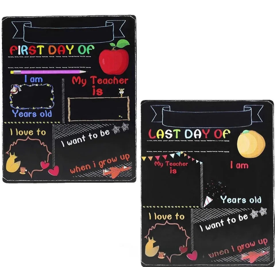 Rectangular wooden blackboard ornament for first day of school, showing dimensions of 25.5 by 30 cm.