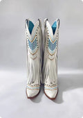 Retro embroidered rhinestone slip-on tassel boots for women, white, chunky heel