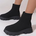 Women's low heel ankle boots with mesh upper and round toe, shown in black, dark khaki, pink, and purple