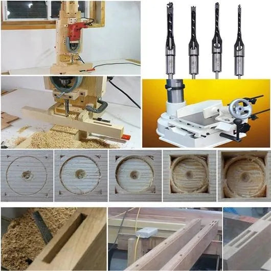 Square hole drill bit for woodworking, used with mortising machines and drill press attachments