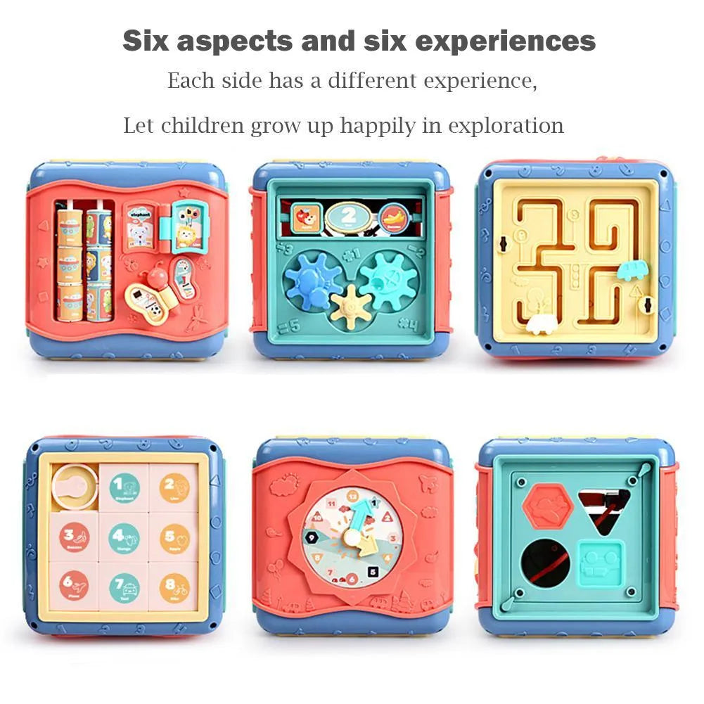 Six-sided educational cube for babies with bead maze, gears, car track, clock, numbers and butterfly activities