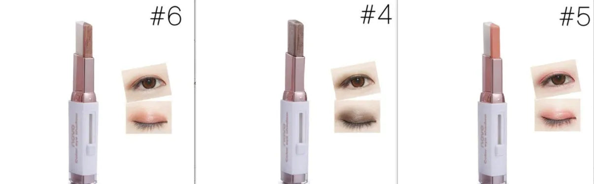 Two-color gradient eye shadow stick with smudge effect and push-button release