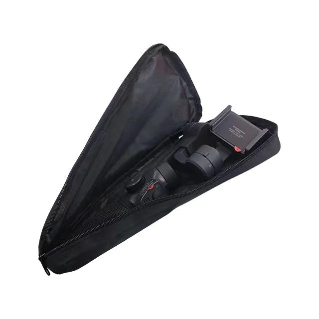 Black cloth padded storage bag for a mobile phone gimbal, shown with an open zip revealing a soft interior and mesh pocket.