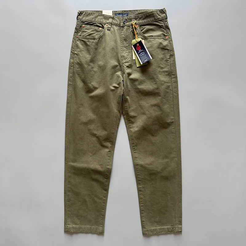 Men's straight-leg cotton casual trousers in grey, army green, and khaki colours on a mid-rise waist.