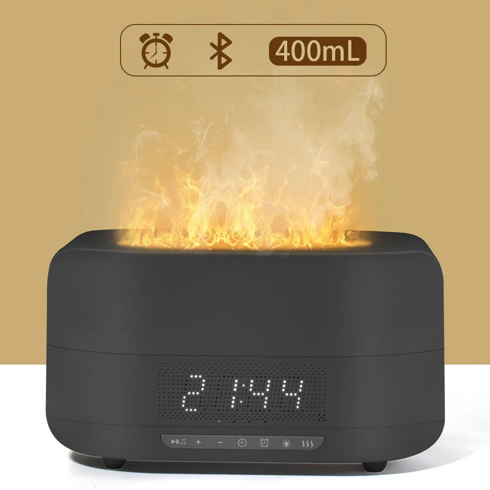 Firelight Speaker & Humidifier in white with square shape, 229x110x127mm, showing water tank and LED light