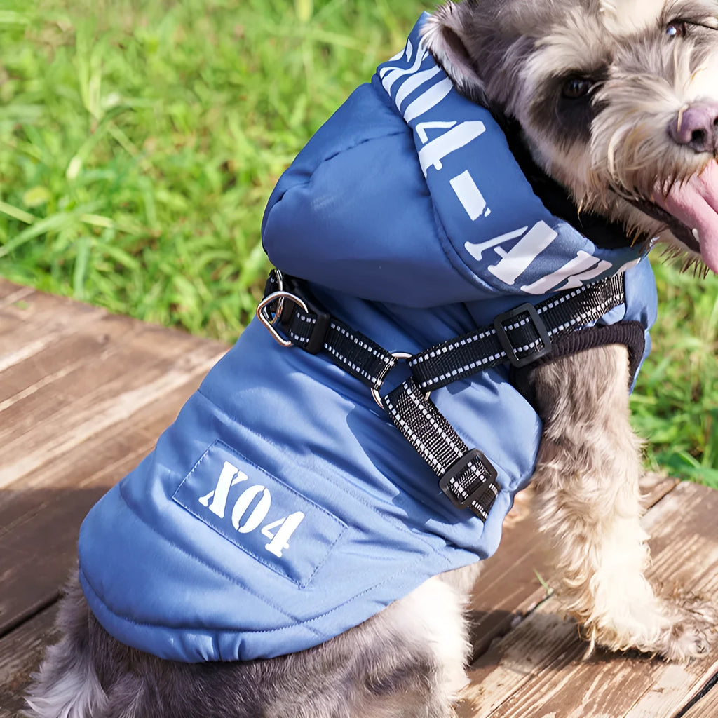 Red fleece-lined waterproof winter jacket for a dog on a grey background, showing hood and casual fit.