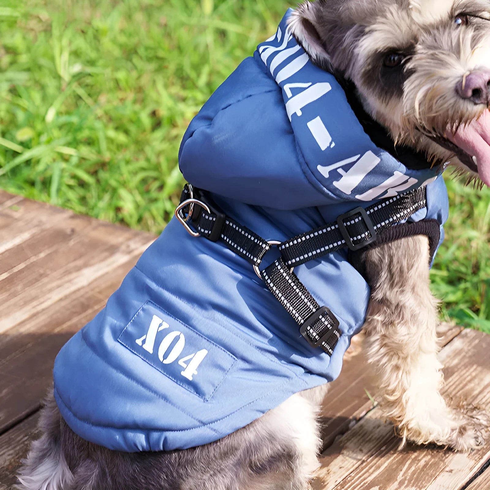 Red fleece-lined waterproof winter jacket for a dog on a grey background, showing hood and casual fit.
