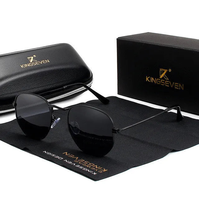 Classic round metal frame sunglasses with 55mm lenses in Gun Gray colour on a microfiber pouch