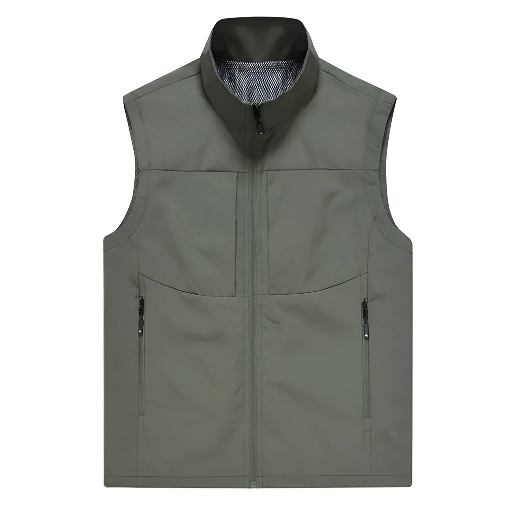 Men's loose-fit outdoor cardigan vest with stand collar and zippered pockets in khaki colour.