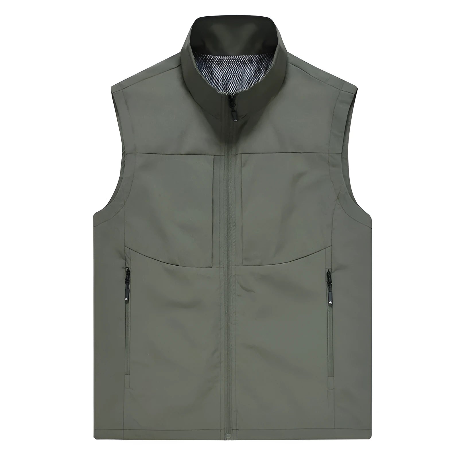 Men's loose-fit outdoor cardigan vest with stand collar and zippered pockets in khaki colour.