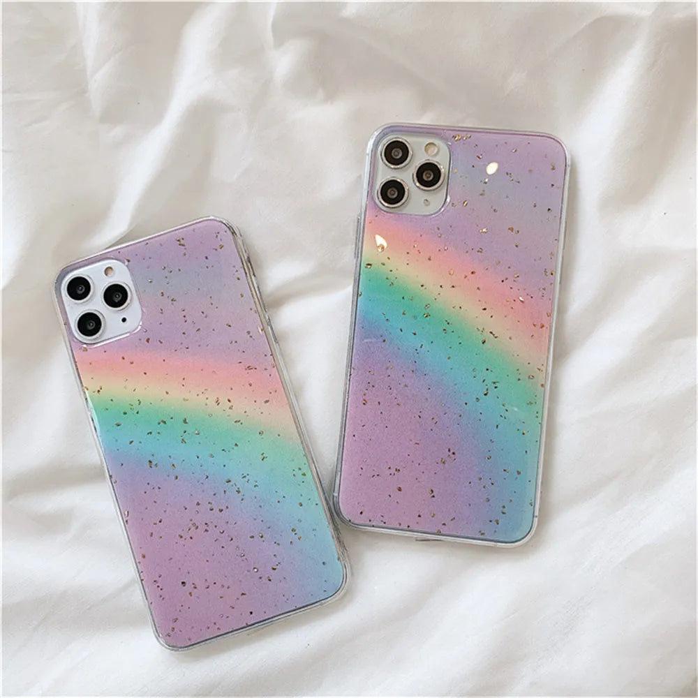 Rainbow gradient coloured TPU protective case for iPhone on a white background.
