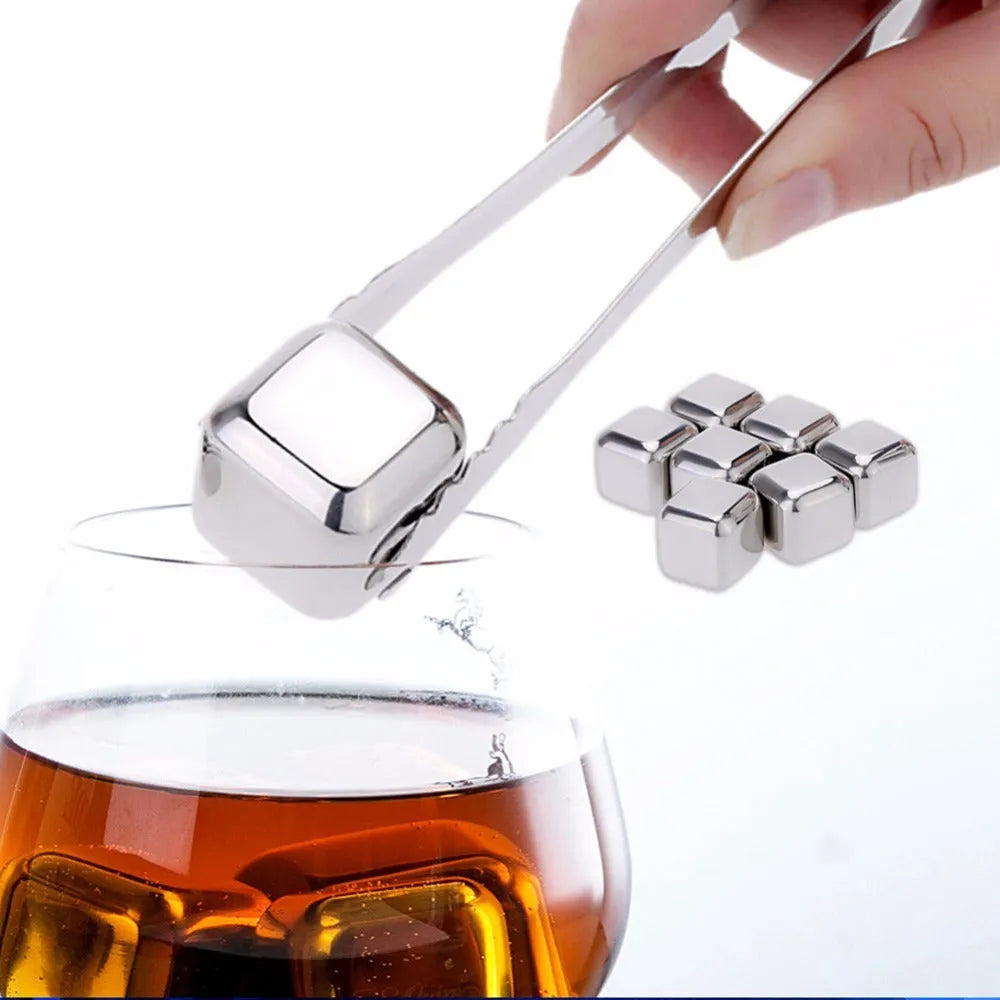 Set of 8 stainless steel whiskey stones with plastic clip for non-diluting drink cooling