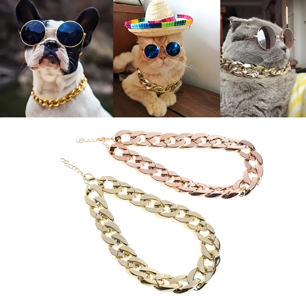 Thick gold chain plated plastic pet necklace on a puppy, lightweight hiphop style safety collar with rose golden finish