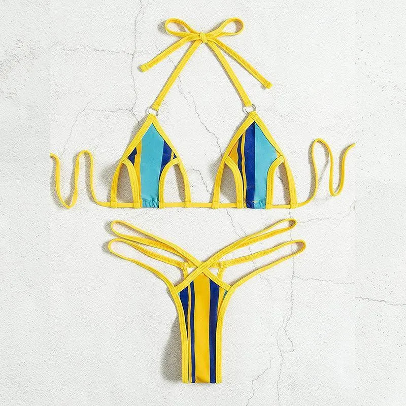 Yellow women's high-waisted split swimsuit with backless design and quick-drying polyester fabric