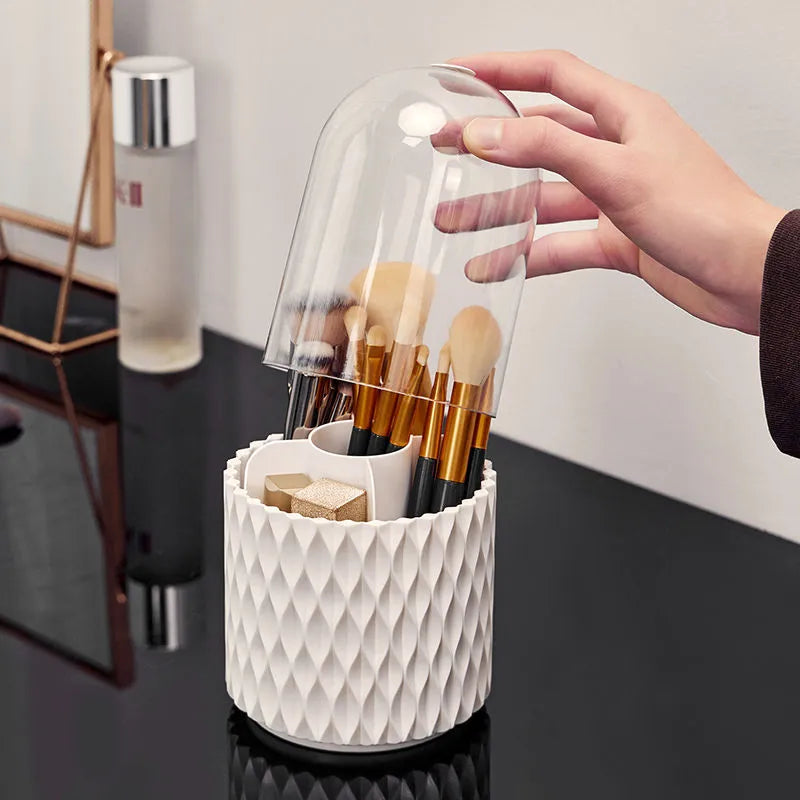 White rotating transparent acrylic makeup brush holder with dust-proof lid on desktop