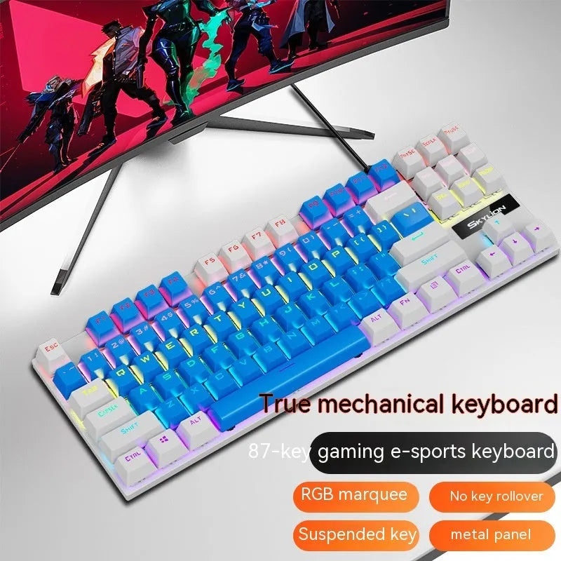 K87 wired mechanical gaming keyboard with metal base, shown in blue white colour with green mechanical switches.