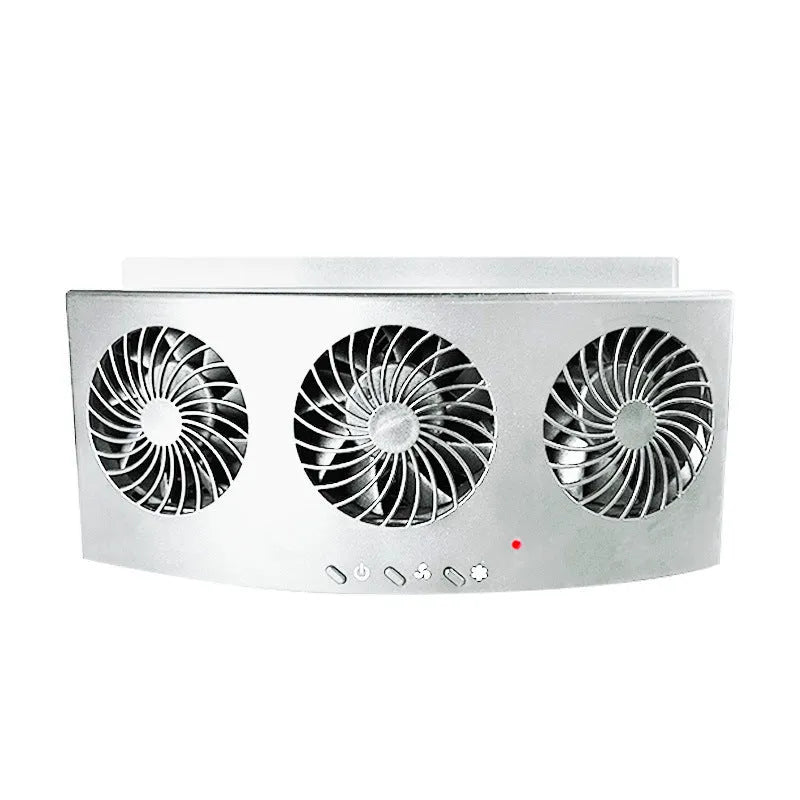Black and white car ventilation fan with USB cable for reducing cabin heat and odours