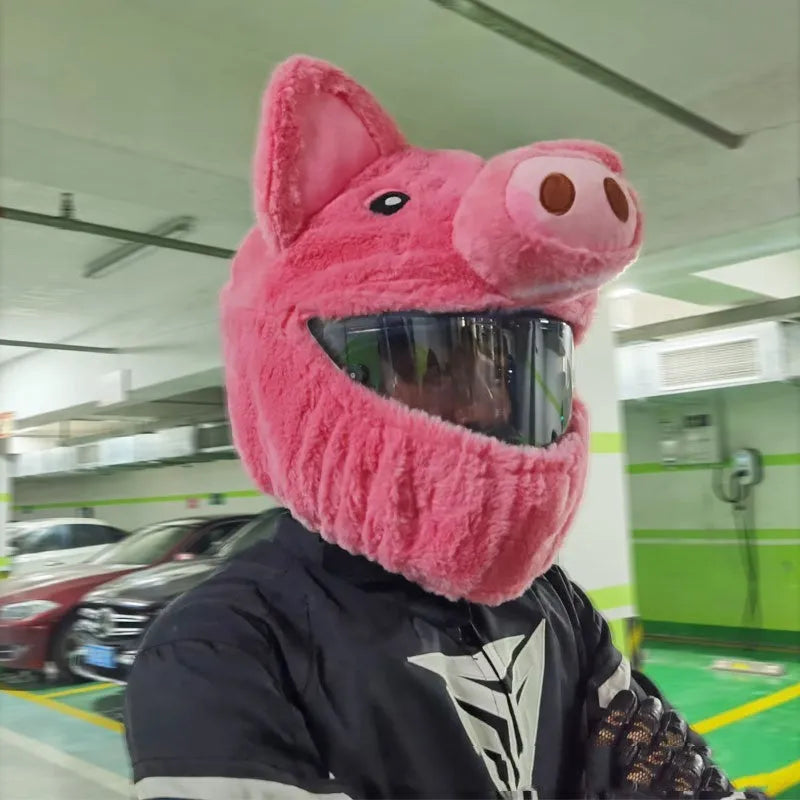 Pink pig cartoon plush helmet protective hood for motorcycle helmets with protective sleeve