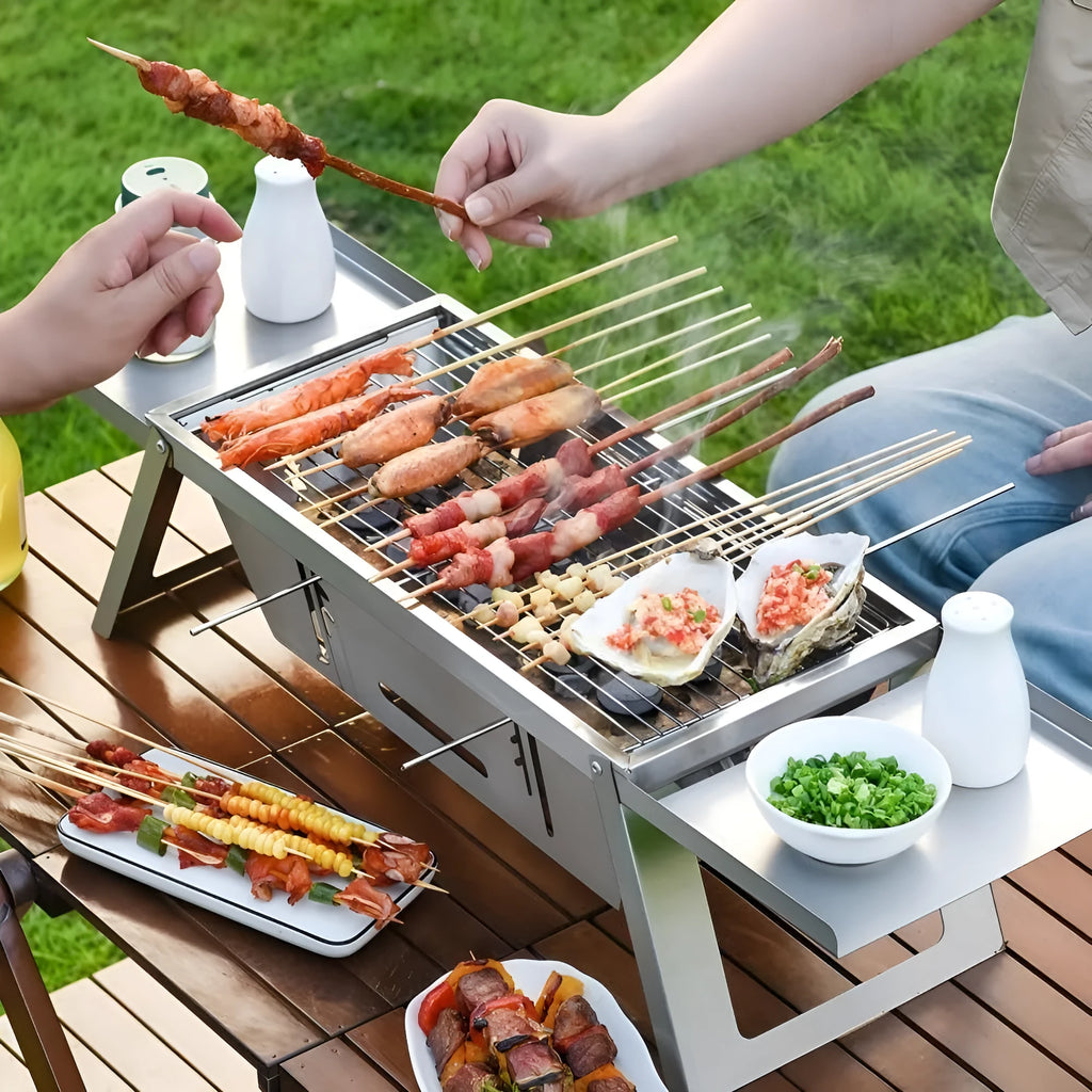 Small foldable portable charcoal grill shown in use and collapsed for storage.